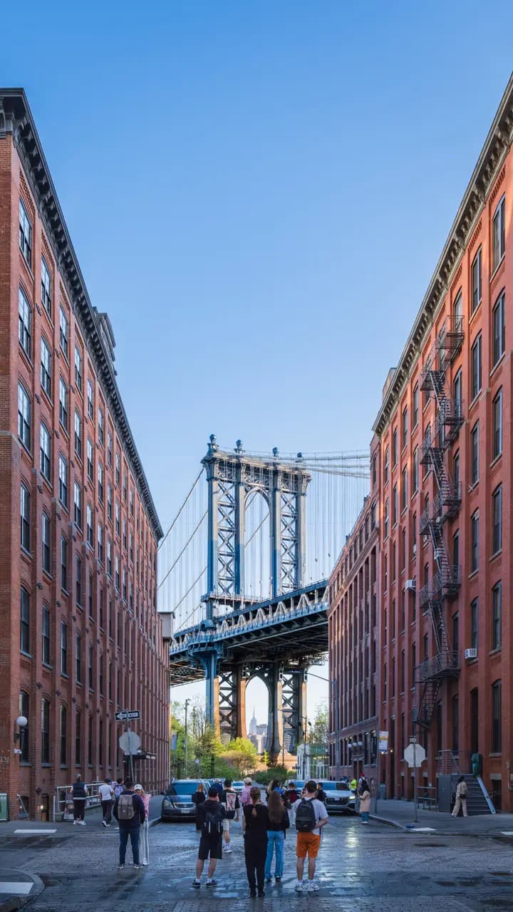 Manhattan Bridge and Empire State Building from Washington Street, Dumbo, Brooklyn, New York