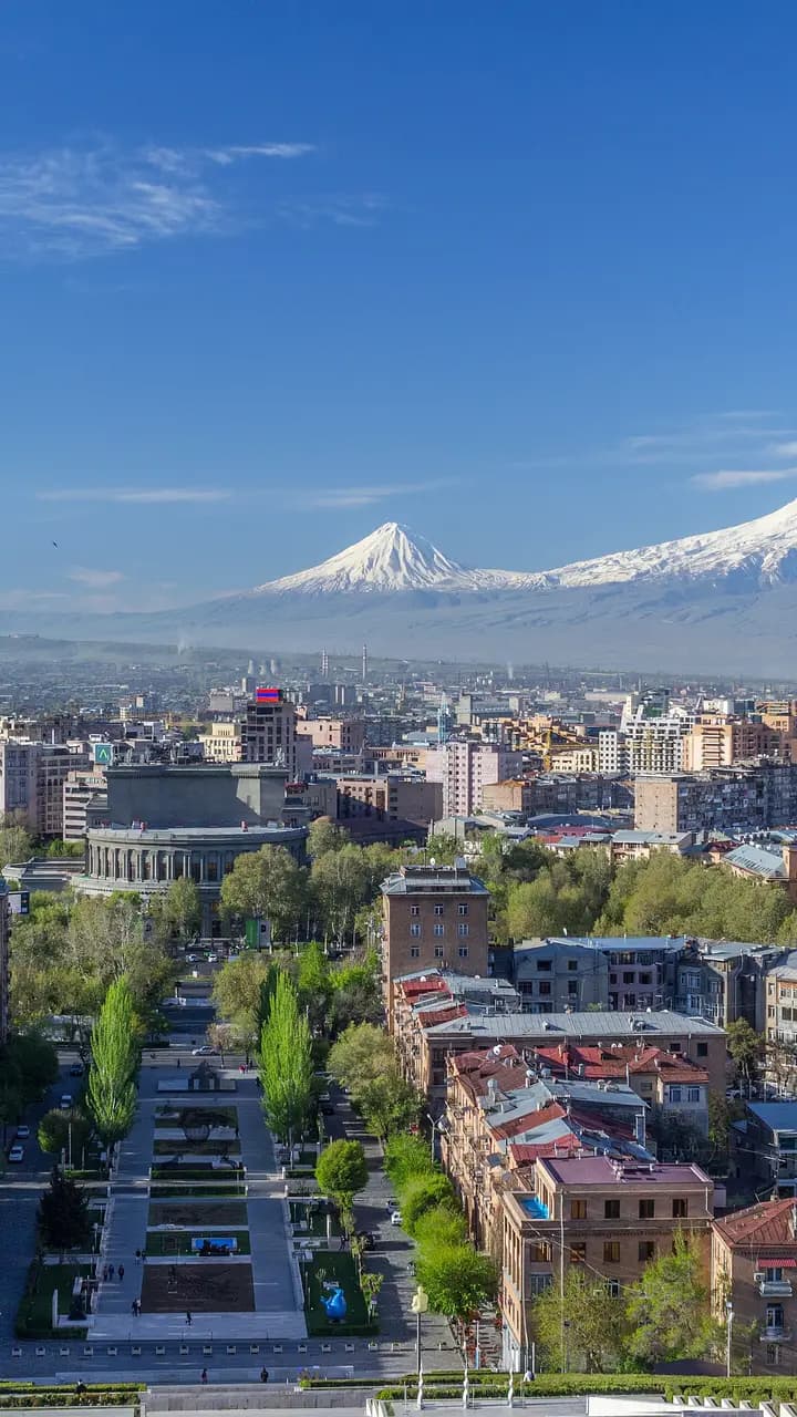 Mount Ararat and the Yerevan skyline in spring from the Cascade